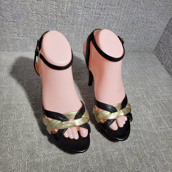 Michael Kors Heels Gold Black Leather Open Toe Buckle Ankle Strap Shoes Womens 8 - Picture 10 of 15